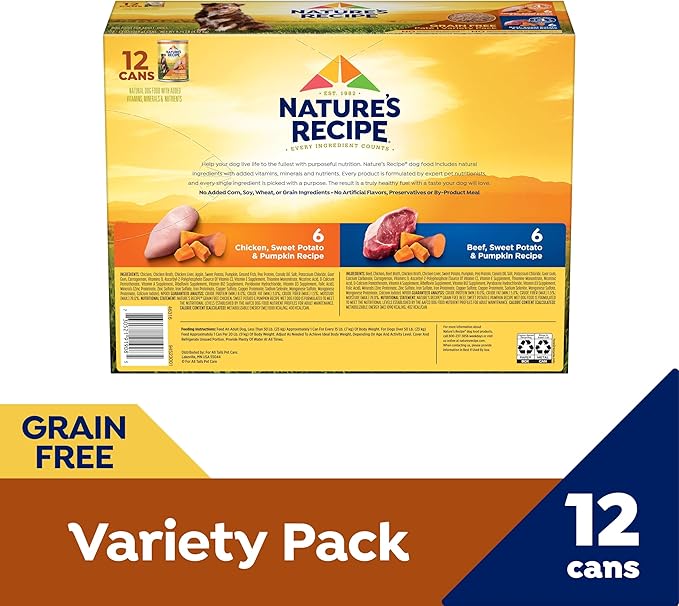 Nature’s Recipe Grain Free Wet Dog Food Paté Variety Pack Chicken and Beef Recipes with Sweet Potato & Pumpkin, 13oz. Cans (Pack of 12 Cans)