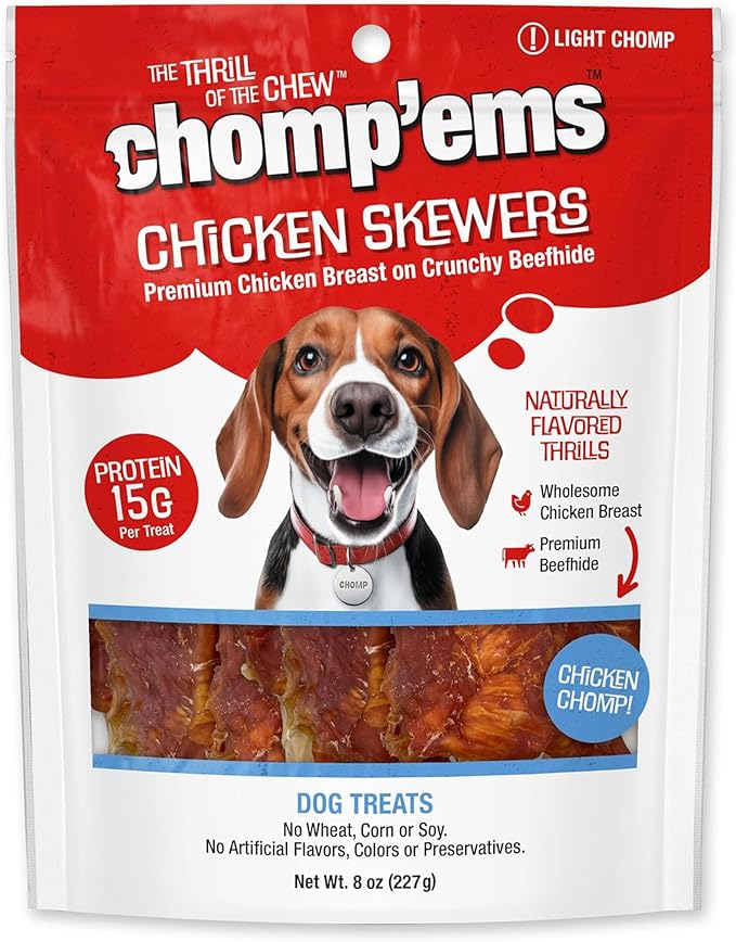Chomp'ems Chicken Skewers, 8 oz - All Natural Rawhide Wrapped with Premium Chicken Breast - Healthy, Protein Rich Treats for Dogs - Dog Chews