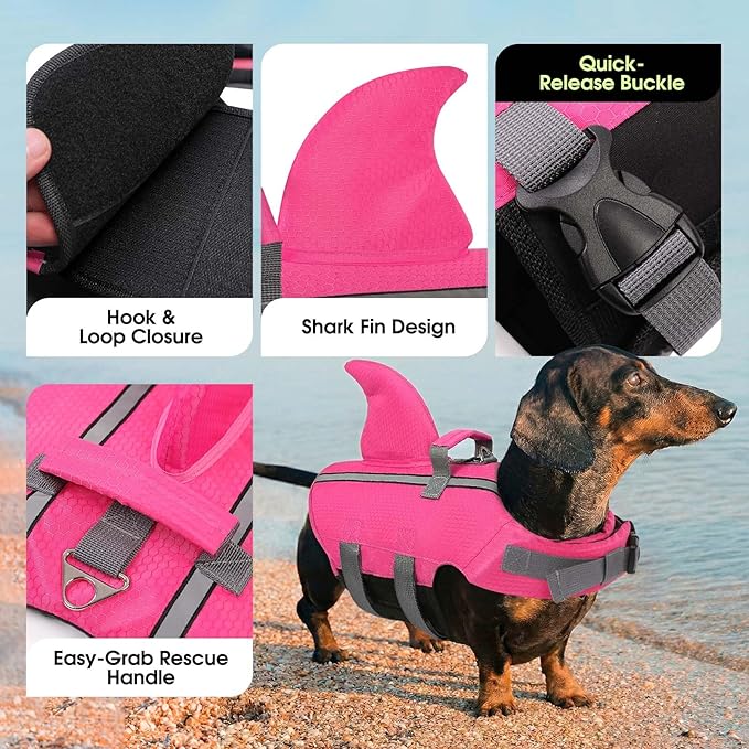 SUNFURA Dog Life Jacket Shark Life Vest for Dogs, Adjustable Swmming Vest with High Buoyancy, Safety Lifesaver with Rescue Handle for French Bulldog Small Medium Breeds, Hot Pink XS