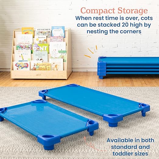 ECR4Kids Stackable Kiddie Cot, Assembled, Toddler Size, Classroom Furniture, Blue, 5-Pack