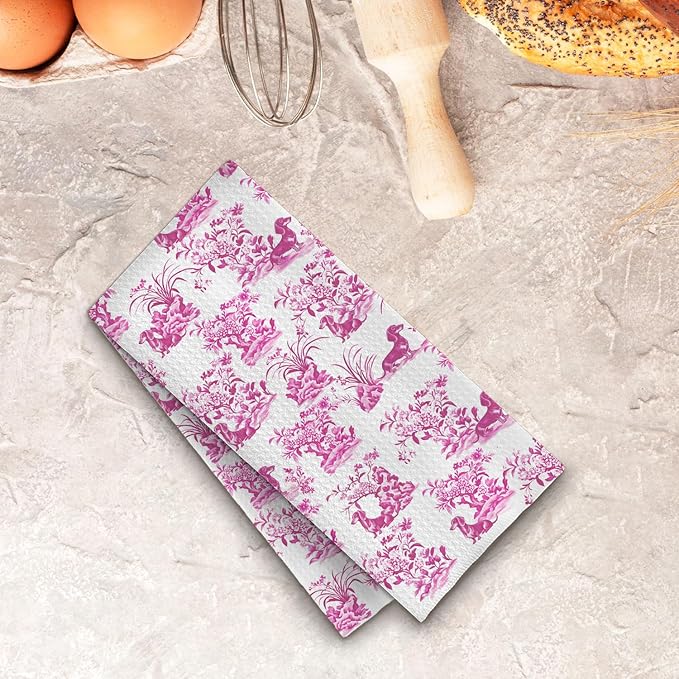 Pink Chinoiserie Dachshund Kitchen Towels, Pink Weiner Dog Gifts for Women Dish Tea Towels for Kitchen Decor, Grand Millenial Floral Dog Decorative Hand Towels for Bathroom, 16x24 Inches