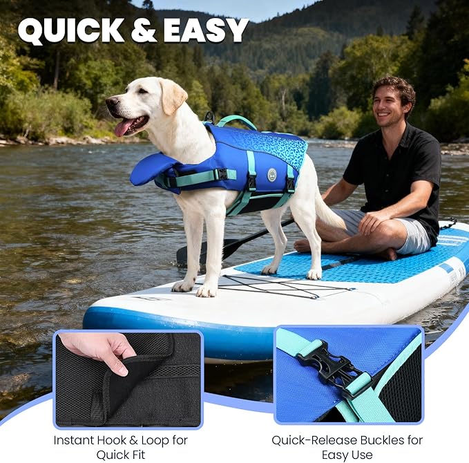 VIVAGLORY Front Float Dog Life Vest, Dog Life Jacket for Swimming & Boating, Swimming Vest with Chin Float & Handle, Ripstop & Buoyancy for Puppy Doggy, L, Dark Blue