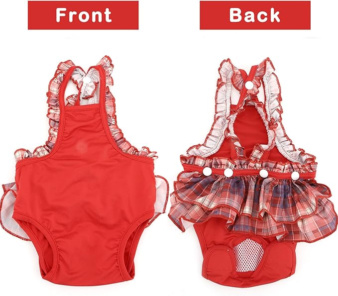 Zunea Washable Female Small Dog Diapers for XS/S Size Dogs Adjustable Suspender Reusable Puppy Sanitary Diaper Pantie Cute Plaid Nappies Skirt for Doggy Chihuahua Yorkie in Heat Red M