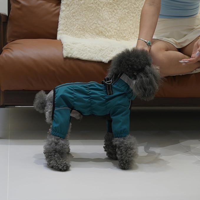 Winter Waterproof Dog Snowsuit – Full Body Outdoor Jacket with Leash Ring, Fleece Lining, Windproof Reflective 4-Leg Dog Coat for Small to Large Dogs Teal Blue XXL