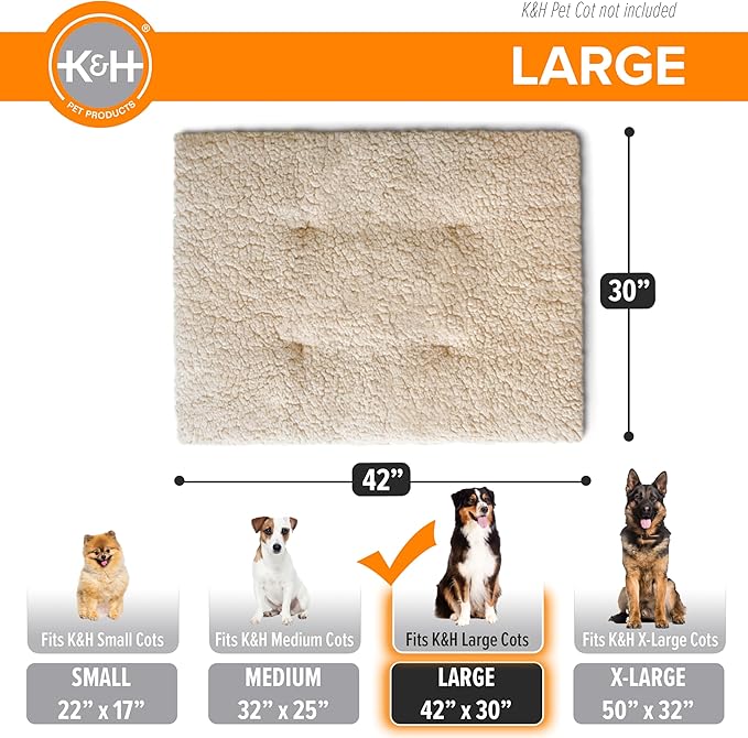 K&H Pet Products Dog Cot Pad (Cot Sold Separately), Pillow-Top Comfort Bed for K&H Large Elevated Dog Beds, Soft & Fluffy, Secure Fit Straps, Machine Washable, Portable - Large 42 X 30in Tan Fleece