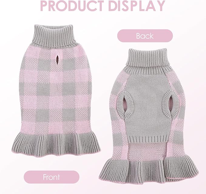 Dog Sweater Dress Plaid Knitwear for Small Medium Dogs Warm Puppy Pet Turtleneck Stretch Pullover Cute Fall Winter Vest Clothes with Leash Hole for Christmas (Grey, S)