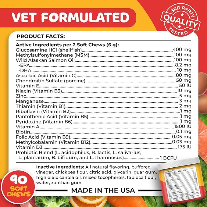 Dog Vitamins and Supplements - 20-in-1 Multivitamin Treats for Dogs - Glucosamine, Probiotics, Wild Alaskan Salmon Oil, Chondroitin, MSM & More - Peanut Butter Flavor - 90 Count