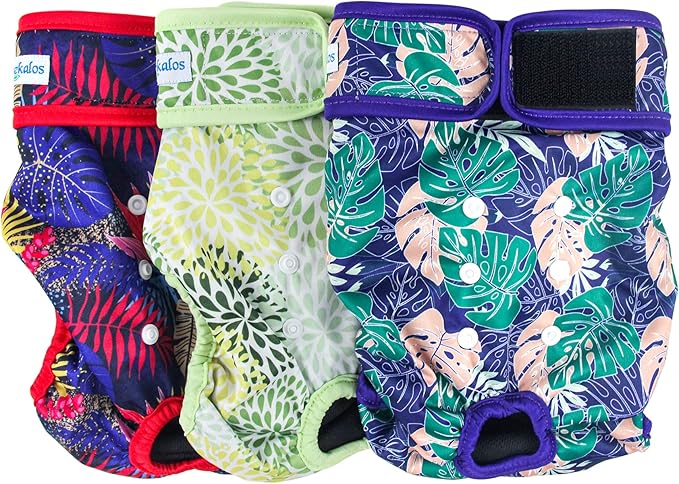 Leekalos Reusable Washable Dog Diapers Female (3 Pack) - Highly Absorbent Doggie Diapers - Size Adjustable Puppy Diapers for Dog Period Panties (Small, Leaves)