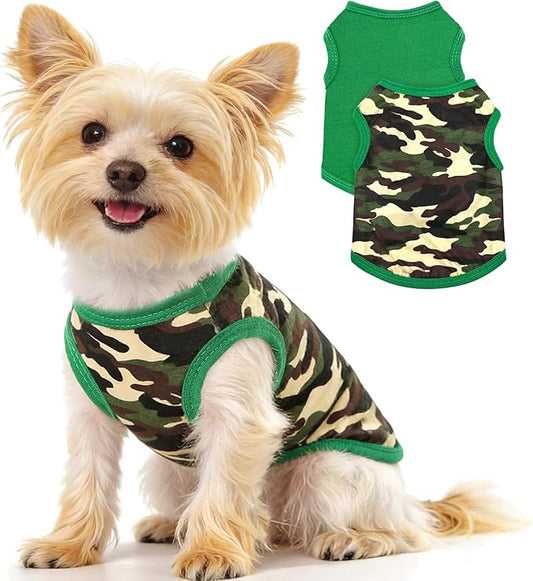 2 Pack Dog Shirts, Summer Camo Pet Tshirt Dog Clothes for Small Dogs Boy Chihuahuas and Yorkies Puppy Outfits Cats Apparel Green Camouflage + Solid Color,XXS