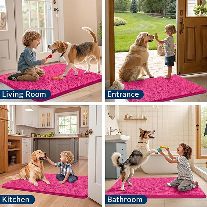 Smiry Dog Door Mat for Muddy Paws 40x32, Absorbs Moisture and Dirt Doormat, Non-Slip Washable Quick Dry Chenille Front Door Mat Indoor Entrance, Entryway Carpet for Inside Floor, Hot Pink