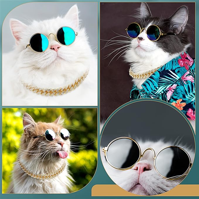 Xuniea 2 Pieces Cat Dog Chain Collar and Sunglasses Set Rhinestone Necklace with Secure Buckle Round Glasses for Doll Cat Dog Pet Accessories(14 Inch,Gold, Black)