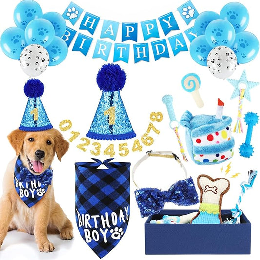 23 Pcs Dog Birthday Toy Set Cake Teething Squeak Interactive Puppy Birthday Party Supplies with Box for Small Medium Dog(Blue)