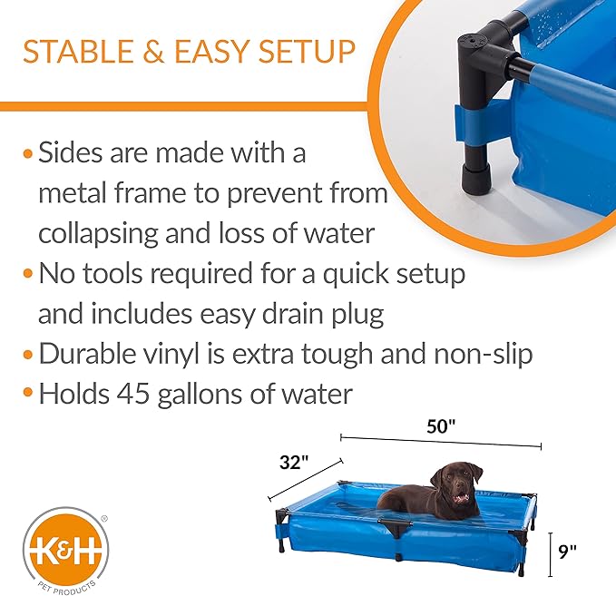 K&H Pet Products Portable Dog Pool & Pet Bath for Dogs and Puppies, Swimming Pool for Large Pets, Heavy Duty Liner with Metal Frame, Easy Drain Plug, Foldable - Extra-Large 50 X 32 X 9in Chill Blue