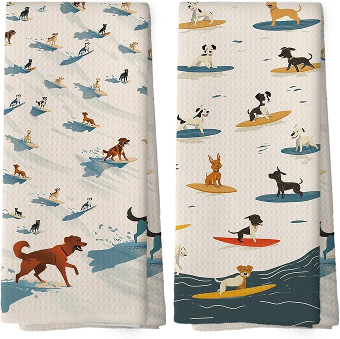 Dogs Surfing Kitchen Towels Set of 2, Coastal Summer Bathroom Decor, Dog Lover Gifts Beach Lovers Hand Towel, Ocean Surf Decorative Tea Towel Dish Towels 16x24 Inch