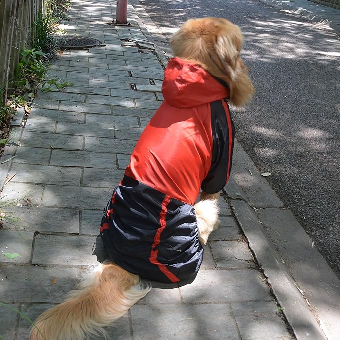Lovelonglong Border Collie Dog Hooded Raincoat, Rain Jacket Poncho Waterproof Clothes with Hood Breathable 4 Feet Four Legs Rain Coats for Large Dogs Red L-M+