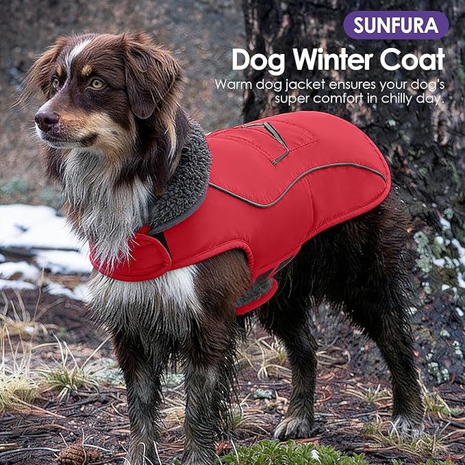 SUNFURA Small Dog Coat, Warm Dog Jacket with Zippered Leash Hole, Reflective Pet Winter Coat Fleece Jacket with Adjustable Furry Collar for Small Dogs Schnauzer, Yorkshire Terrier, Red S