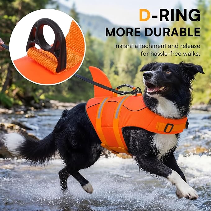 Queenmore Dog Life Jacket, Dog Life Vest for Swimming, Medium Dogs Shark Swimming Safety Vest Adjustable Preserver with High Buoyancy, Pet Lifesaver for Medium Dogs, Orange M