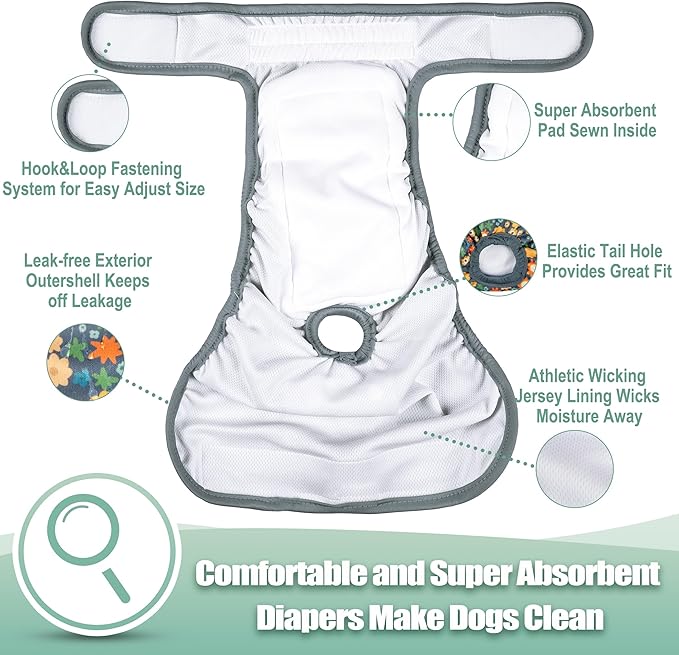 wegreeco Female Dog Diapers, Washable Reusable Pet Puppy Doggie Diapers for Small Medium Large Female Dogs in Heat Period, Doggy Period Panties X-Large, Small Floral Pattern
