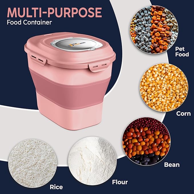 Dog Food Storage Container 30-35 lb, Airtight Collapsible Cute Dog Food Container with Wheels & Scoop, Stackable Pet Food Storage Container for Dog & Cat Food (Pink)