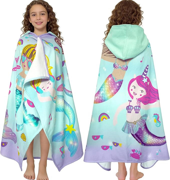 VOOVA & MOVAS Mermaid Hooded Beach Towel for Teens & Big Kids 8Years Up, Soft Absorbent 100% Cotton Thick Towel Wrap for Girls, Beach Pool Swim Bath Cover-Up