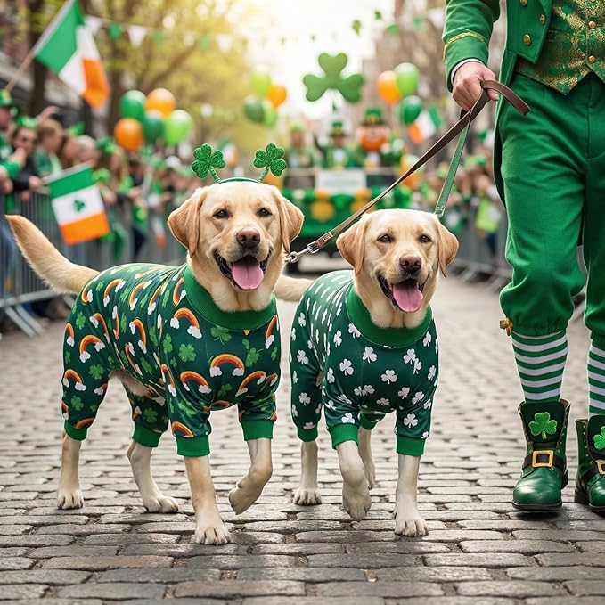 Vehomy 2-Pack St.Patrick's Day Dog Pajamas Clover Rainbow Pet Jumpsuits Puppy Pjs Lucky Shamrock Dog Onesie St Patricks Dog Jammies Costume Outfit Clothes for Small Medium Large Dogs S
