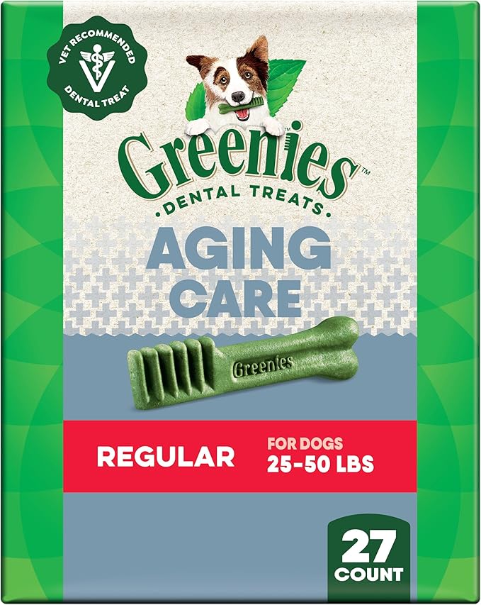 Greenies Dental Treats for Dogs, Veterinarian-Recommended Aging Care Adult Natural Dental Dog Treats, Regular Size, 27 oz. Pack, 27 Count
