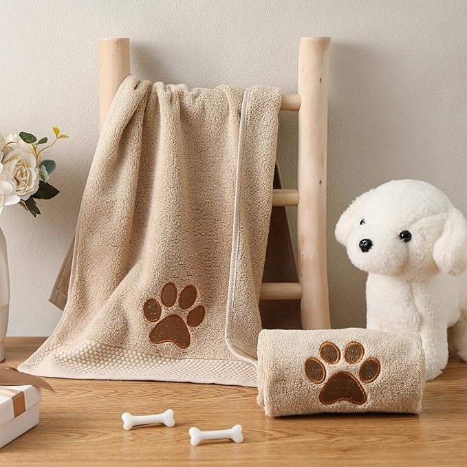 2 Pcs Dog Paw Hand Towels Bathroom Decor 13 x 29 Inch 100% Cotton Embroidered Soft Hand Towels Absorbent Farmhouse for Kitchen Restroom (Brown)