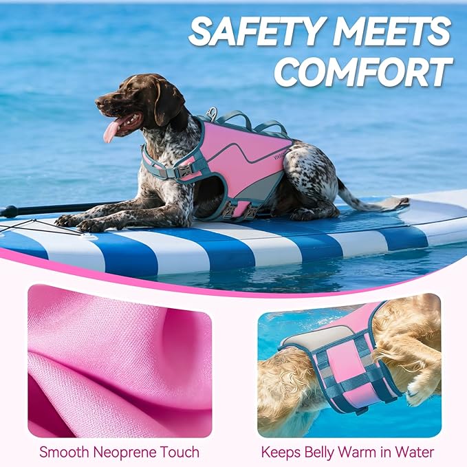 VIVAGLORY Neoprene Dog Life Vest, Dog Life Jacket for Swimming & Boating, Lightweight & Buoyancy for Puppy Doggy, Swimming Vest with Handle, XL, Pink Grey