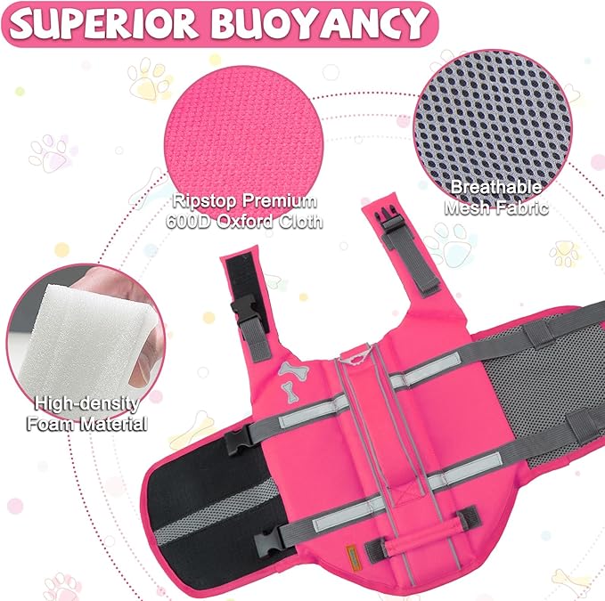 EMUST Dog Life Jacket, Lightweight Dog Life Vests with Thickened Rescue Handle for Large Dogs, Pet Safety Swimsuit Preserver for Swimming Pool Beach Boating, BrightPink, XXL