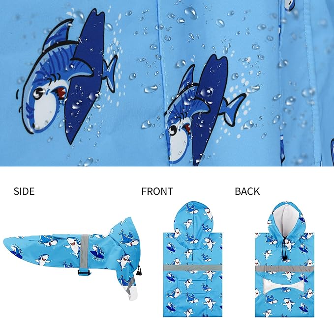DELIFUR Large Dog Raincoat - Waterproof Dog Rain Poncho Adjustable Double Layer Rain Jacket with Hood for Medium Large Dogs Designed with Leash Hole Reflective Strip(Blue Shark, XX-Large)