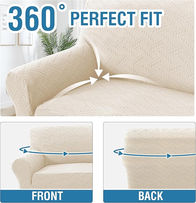 H.VERSAILTEX Jacquard Couch Covers for 3 Cushion Couch 1 Piece Stretch Sofa Covers Furniture Protector Anti-Slip Soft Thickened Dogs Slipcovers Washable Wind Bell Pattern(Sofa, Ivory)