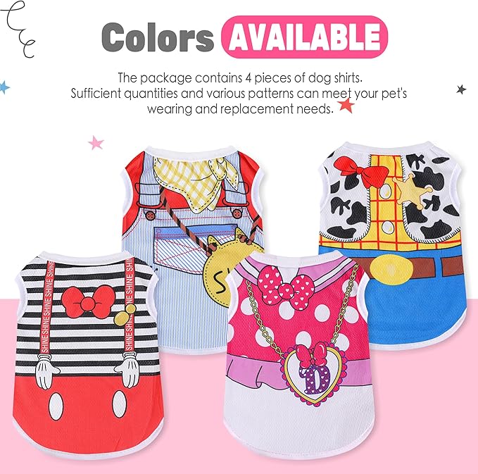 4 Pack Mesh Dog Shirts for Small Dogs: Stretchy Dog Clothes with Cute Patterns, Size XXS-XL Fit for 2-16lb Dogs Pet T-Shirts, Girl & Boy Puppy Clothes for Spring Summer (Pink Set 2, Small)
