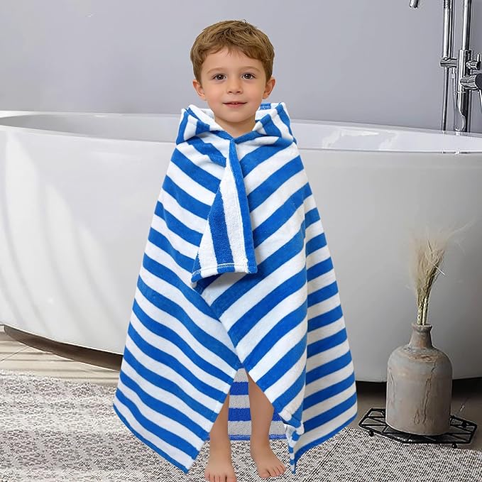 VOOVA & MOVAS Toddler Hooded Bath Towels 0-3T, 25''X40, Soft | Thick | 100% Cotton | Absorbent Towel Wrap for Baby, Perfect for Beach, Pool, Bath, Swimming,Blue Stripe