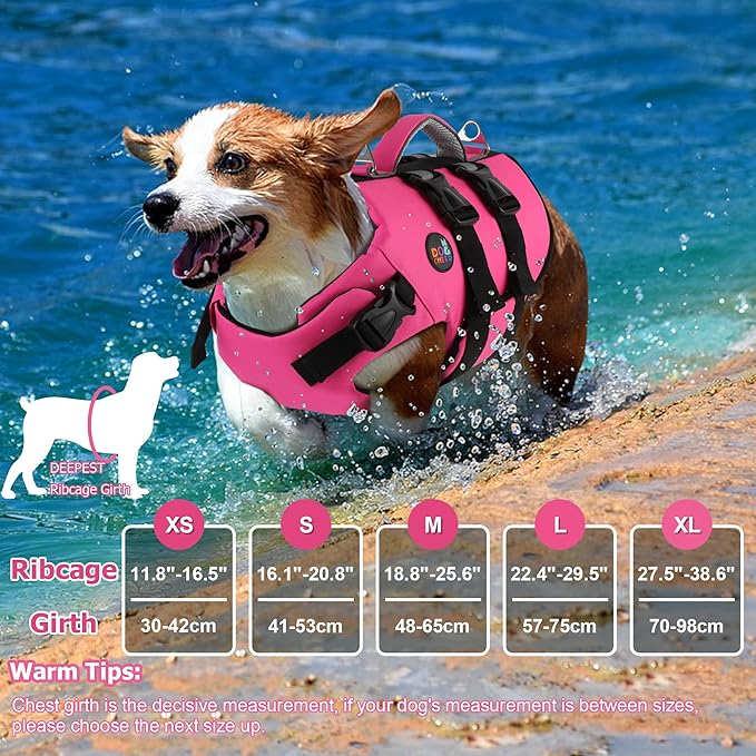 Dogcheer Dog Harness Life Jacket, High Buoyancy Neoprene Dog Life Vest for Swimming Boating, Adjustable Puppy Swim Vest Reflective Pet Float Vest for Small Medium Large Dogs - Pink, L