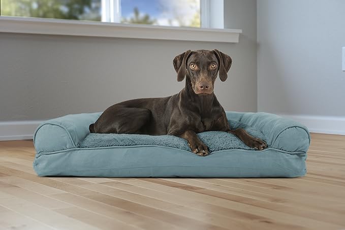 Furhaven Pillow Dog Bed for Large/Medium Dogs w/ Removable Bolsters & Washable Cover - Plush & Suede Sofa - Deep Pool, Large