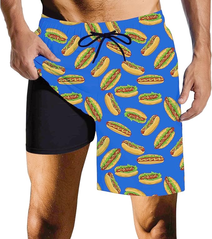 Mens Swim Trunks with Compression Liner Quick Dry Zipper Pocket Bathing