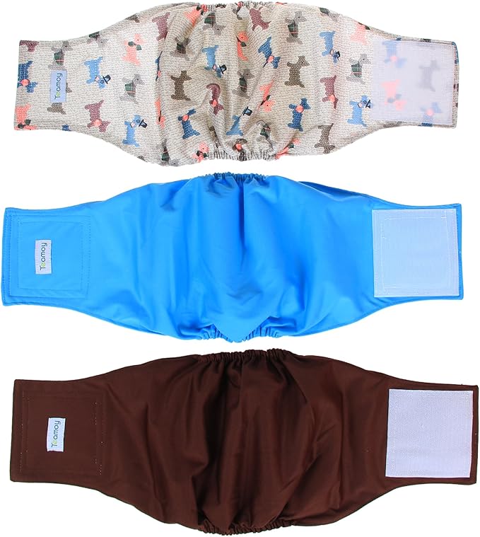 Teamoy Reusable Wrap Diapers for Male Dogs, Washable Puppy Belly Band Pack of 3 (L1, 16"-20" Waist, Light Blue+ Dogs+Coffee)