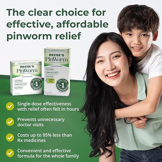 REESE'S PINWORM Medicine Liquid for Entire Family, Full Prescription Strength, 2 Oz, #1 Doctor Recommended Single Dose Pyrantel Pamoate Dewormer for Adults & Kids Ages 2+, Banana Flavor