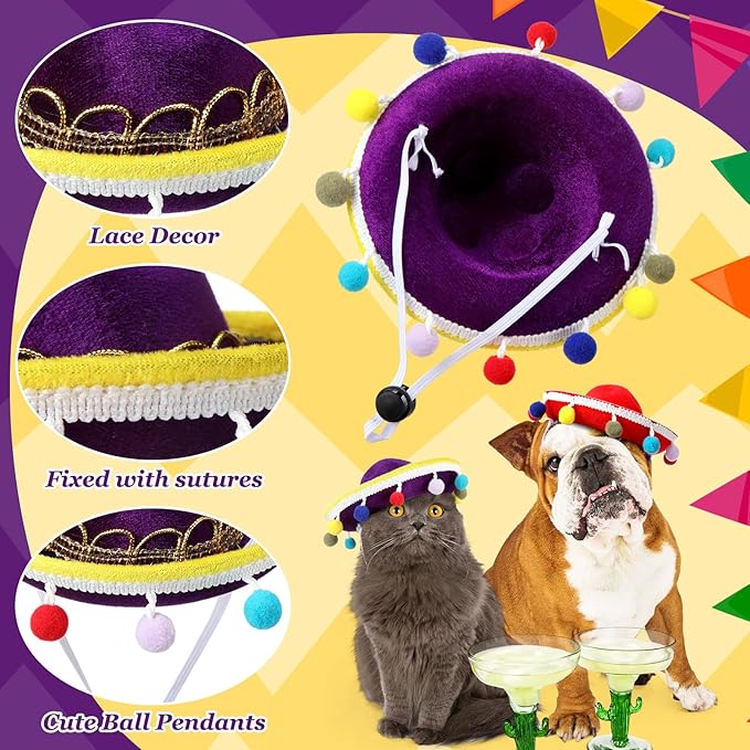 9 Pcs Pet Sombrero Hats Cinco de Mayo Adjustable Mexican Fiesta Dog Cat Straw Hat with Pom Pom Tassel for Small Medium Pets Mexican Party Costume