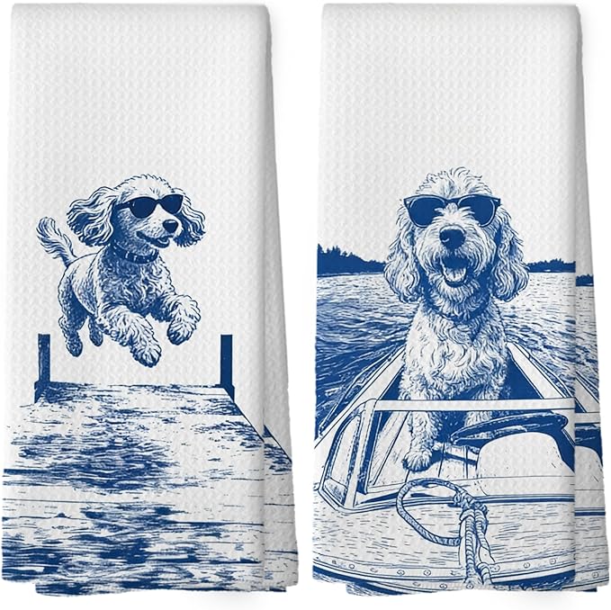 Lake House Decor Cocker Spaniel Kitchen Towels Set of 2, Summer Funny Lake Dog Coastal Bathroom Hand Towel, Dog Lover Gifts Tea Towel Dish Towels 16x24 Inch