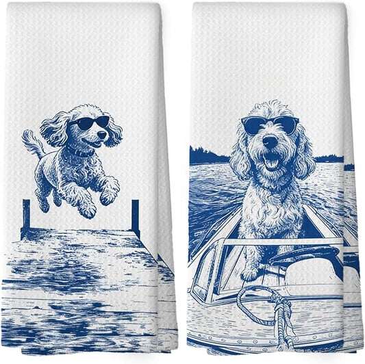 Lake House Decor Cocker Spaniel Kitchen Towels Set of 2, Summer Funny Lake Dog Coastal Bathroom Hand Towel, Dog Lover Gifts Tea Towel Dish Towels 16x24 Inch
