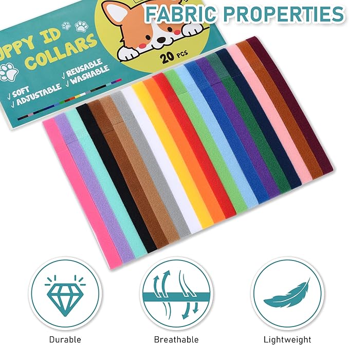 GAMUDA 20 Newborn Puppy Collars – Super Soft Double Velvet Whelping Puppy Collars - Adjustable Litter Collars for Puppies – Assorted Colors & Identification Collars (20 PCS - 6 Chart)