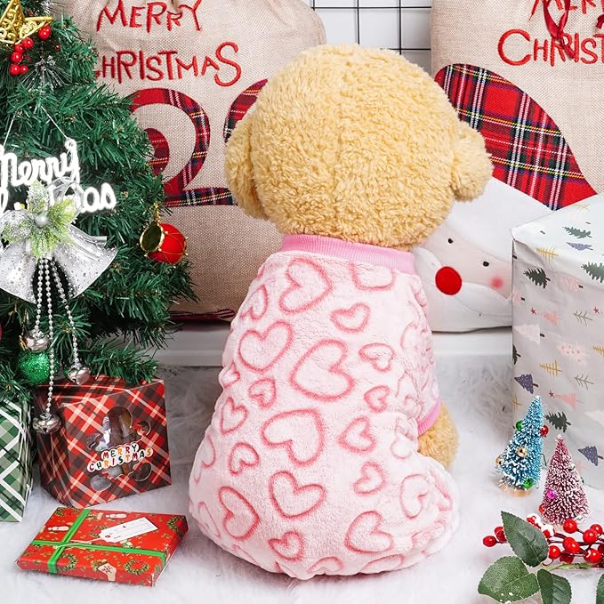 Dxhycc Fleece Dog Pajamas - Cute Heart Puppy Jumpsuit, Warm Soft Pet Holiday Clothes for Small Medium Cats and Dogs (Pink, L)