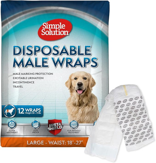 Simple Solution Disposable Male Wraps, Absorbent Leak Proof Belly Bands for Dogs, Incontinence Aid, Puppy Training, Marking Control, and Travel Protection, Large Dogs, 18–27 Inch Waist, 30 Count