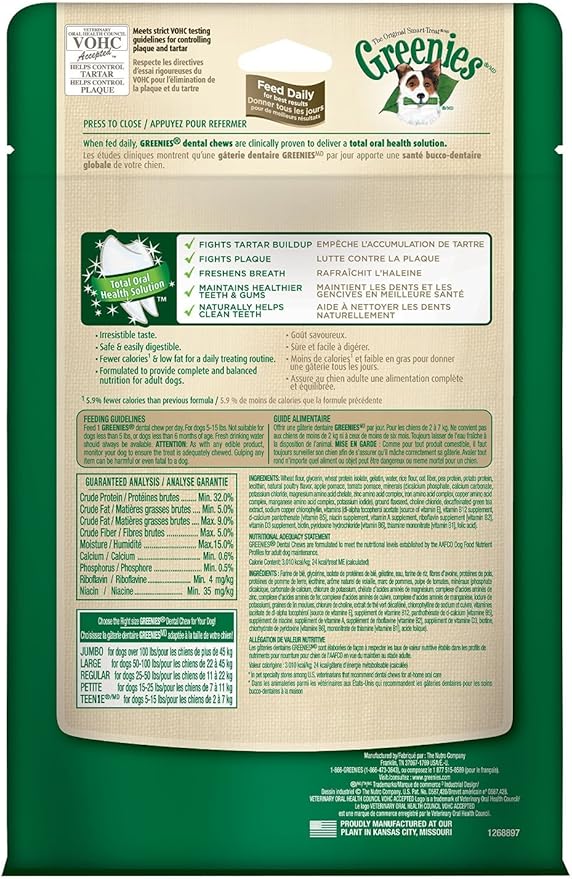 Greenies Veterinarian-Recommended Natural Dental Dog Treats Teenie Size, Original Flavor, 18 oz. Pack, 65 Count