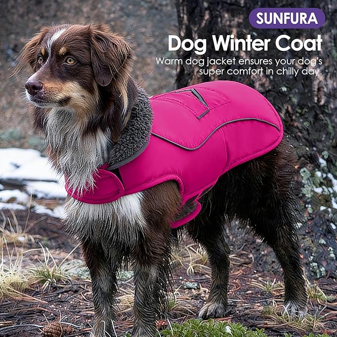 SUNFURA Dog Winter Coat, Medium Dog Coat Jacket with Fleece Lining for Cold Weather, Warm Puffer Jacket Turtleneck Snowsuit with Leash Hole for Jack Russel, Boston Terrier, Hot Pink M