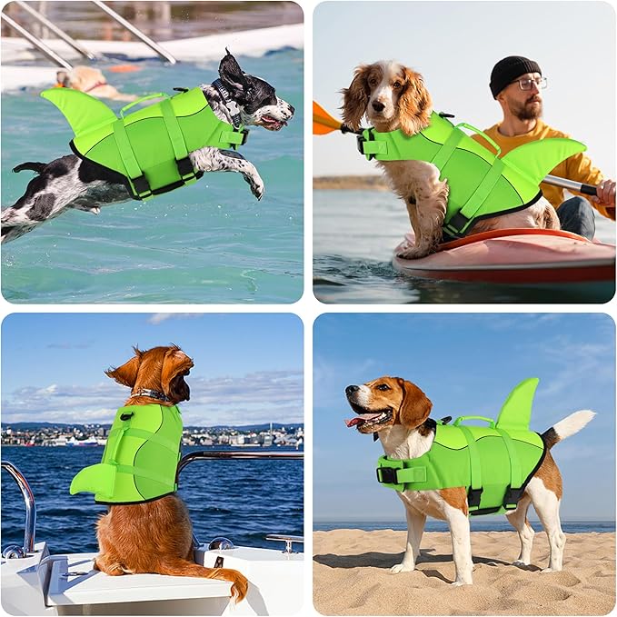 Dogcheer Dog Life Jacket, Cute Shark Dog Life Vest for Swimming Boating with Superior Buoyancy and Rescue Handle, Adjustable Puppy Swim Vest Floating Vest for Small Medium Large Dogs - Green, M