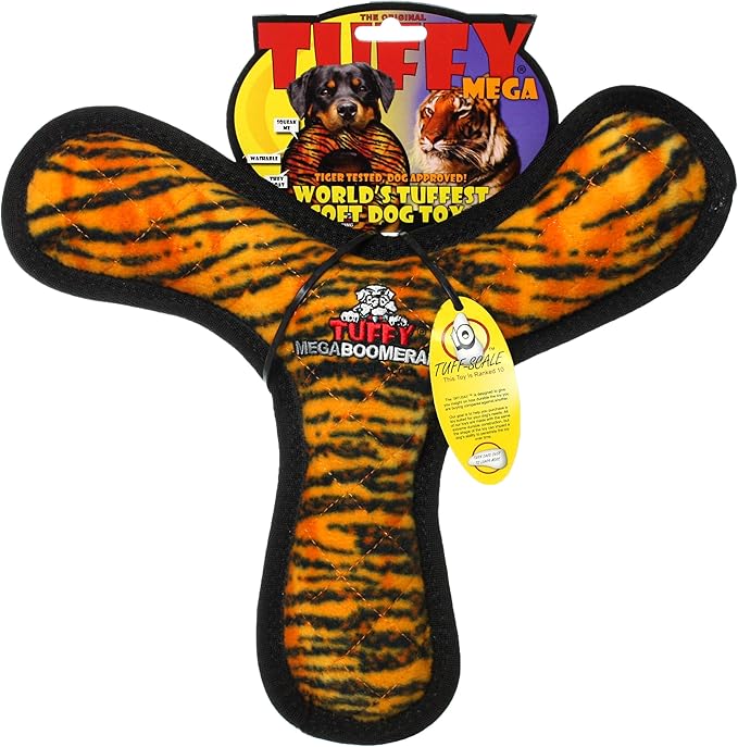 TUFFY - World's Tuffest Soft Dog Toy - MEGA -Multiple Layers. Made Durable, Strong & Tough. Interactive Play (Tug, Toss & Fetch). Machine Washable & Floats (Boomerang Tiger, Large 2 Pack)