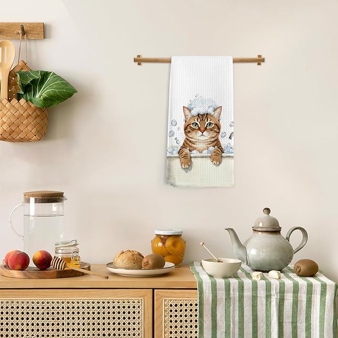 Funny Brown Tabby Cat Gifts Hand Towels, Cats Bathroom Decor, Brown Tabby Cat Hand Dish Tea Towels for Restroom Kitchen Washroom Decor, Cats Lover Gifts, 16x24 Inch
