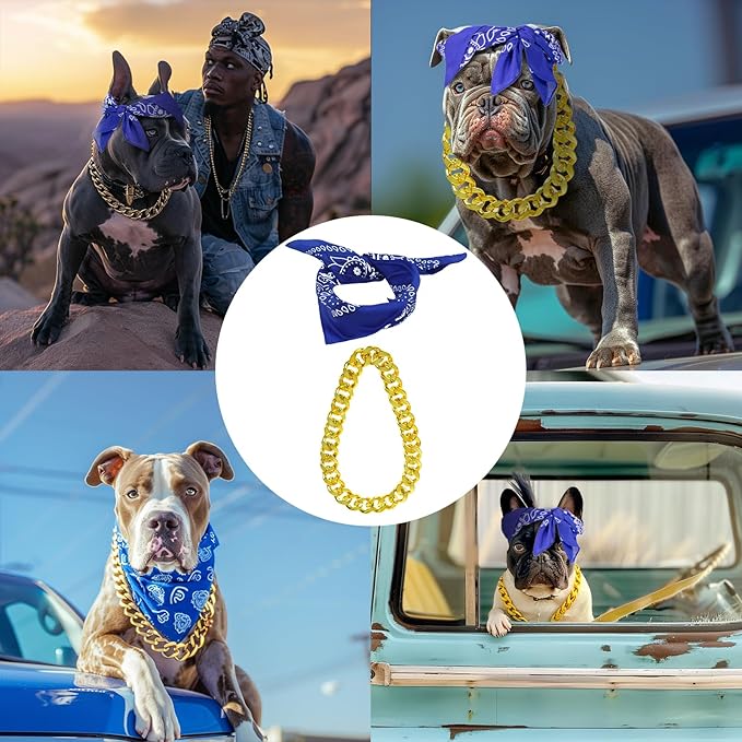 2Pack Dog Costume Set, Adjustable Gold Plated Dog Chain Collar and Headband Hip Hop Square Satin Head Scarf Head Cover Apparel Party Costume Cosplay Accessories for Medium Large Dogs(Blue)